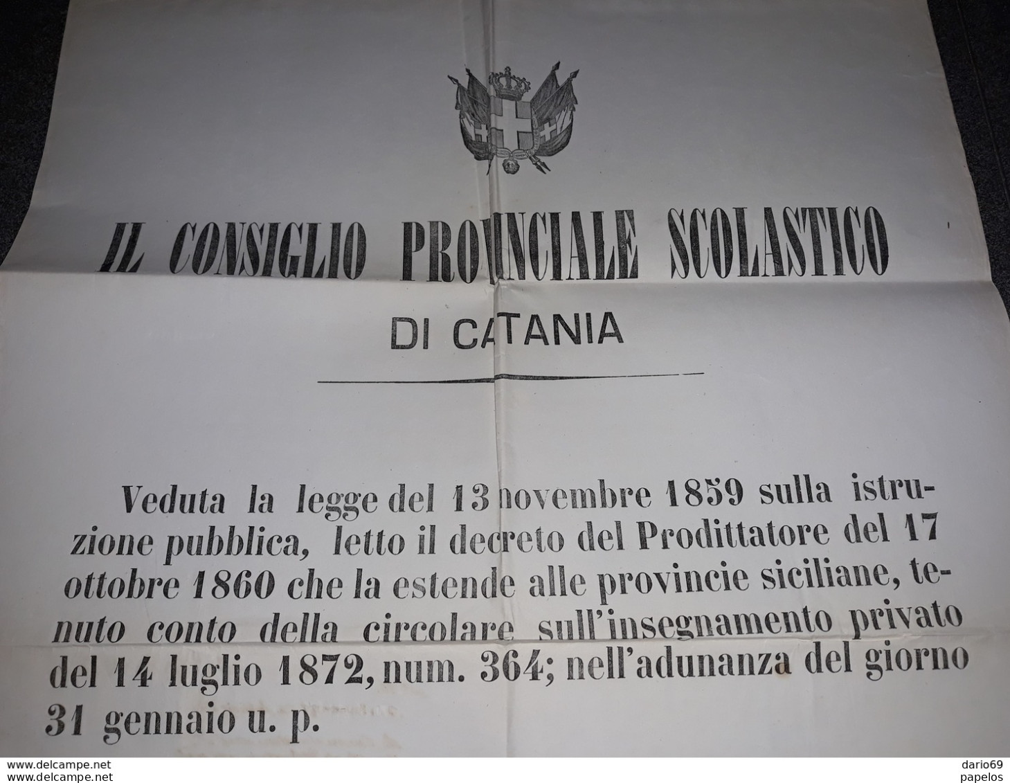 1874 MANIFESTO CON ANNULLO ACIREALE - CONSIGLIO PROVINCIALE SCOLASTICO DI CATANIA - Marcofilía