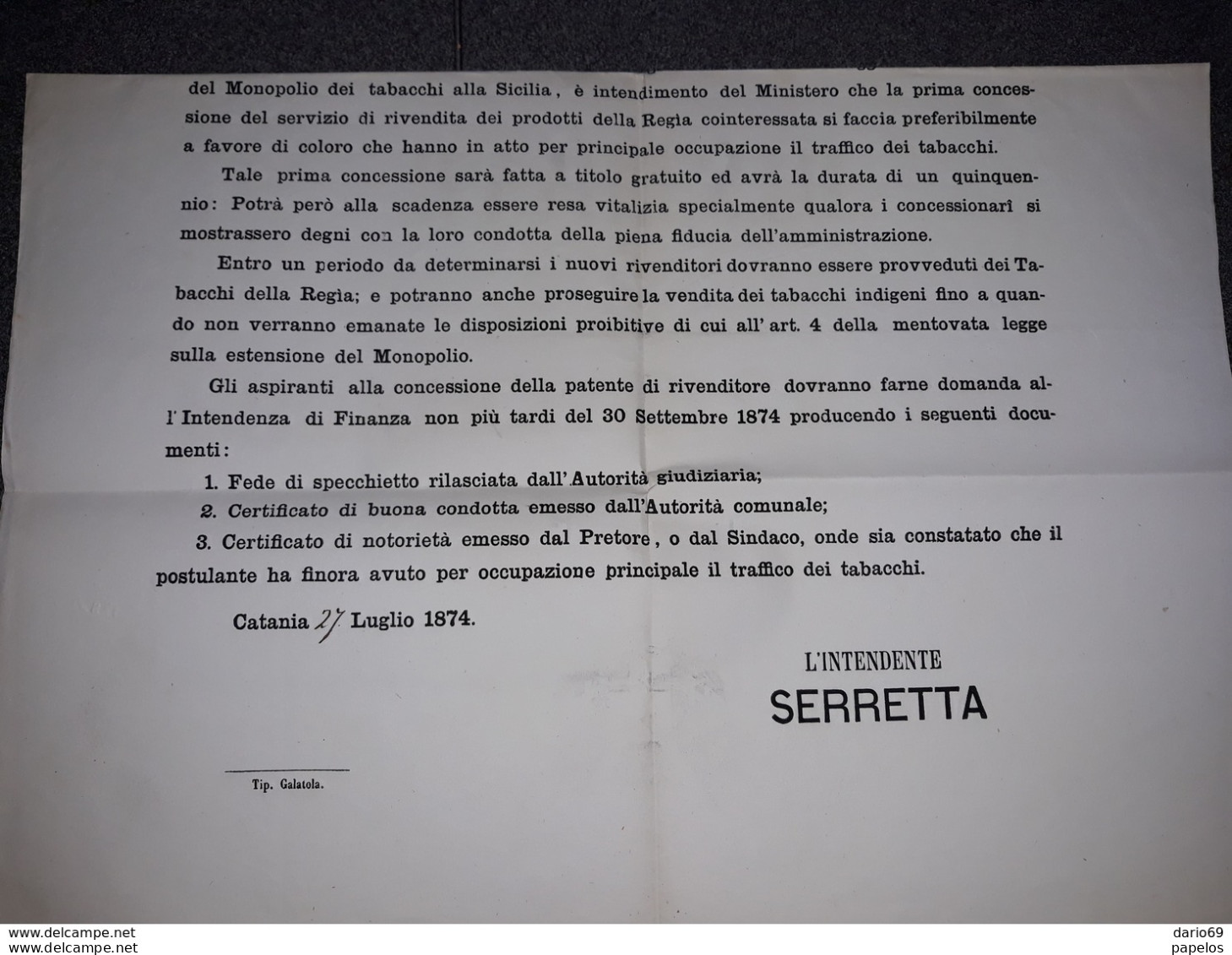 1874 MANIFESTO CATANIA  ESTENSIONE DEI MONOPOLI DI TABACCHI ALLA SICILIA - Historische Documenten