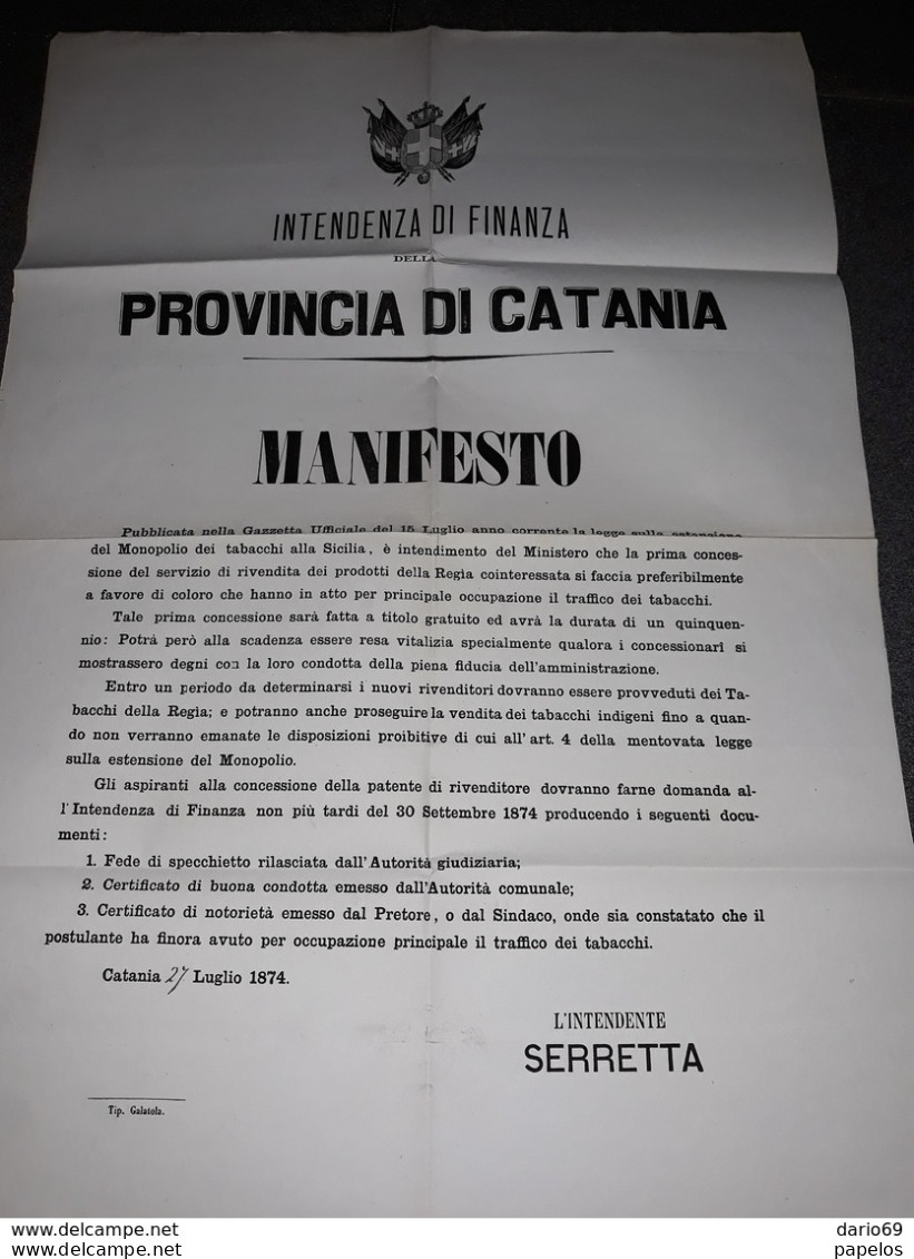 1874 MANIFESTO CATANIA  ESTENSIONE DEI MONOPOLI DI TABACCHI ALLA SICILIA - Documenti Storici