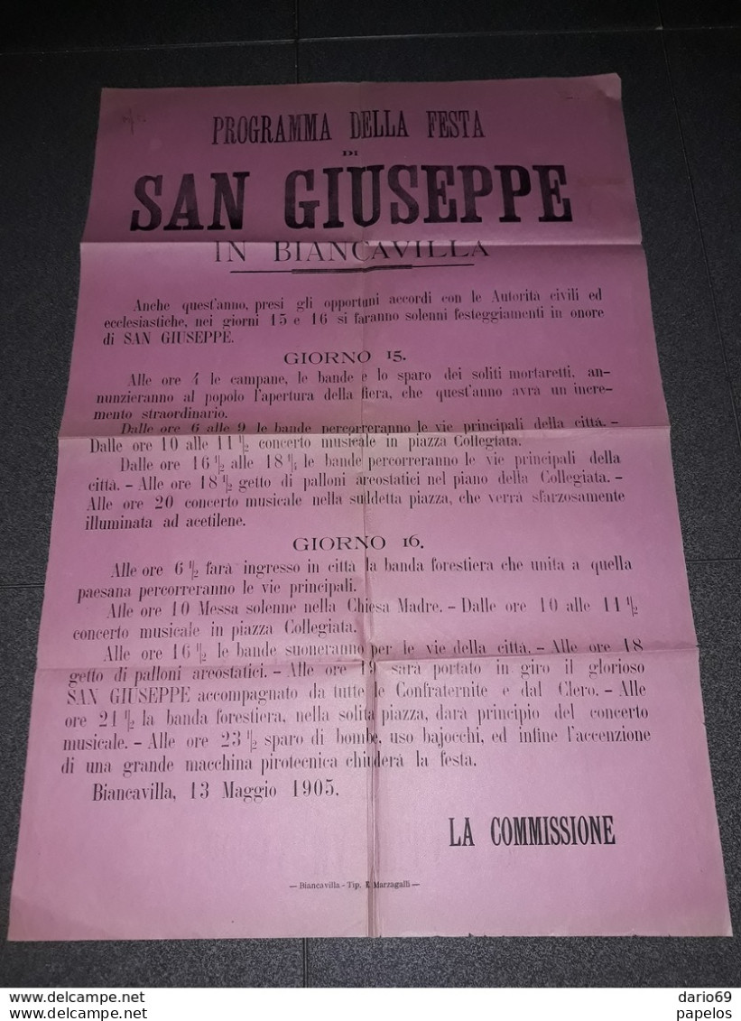 1905 MANIFESTO CON ANNULLO BIANCAVILLA  CATANIA  PROGRAMMA DELLA FESTA DI SAN GIUSEPPE - Marcophilie