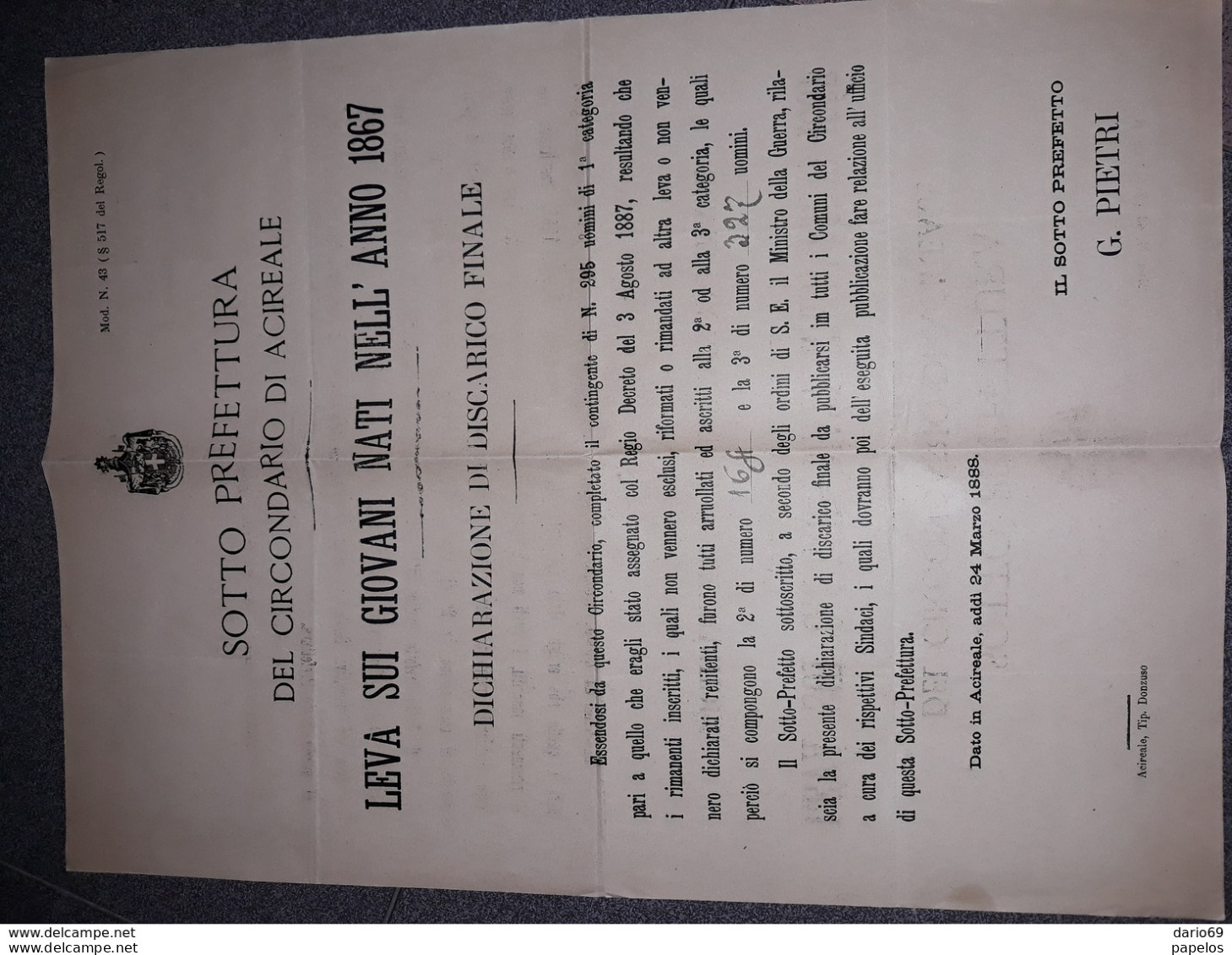 1888  MANIFESTO  ACIREALE - Historical Documents