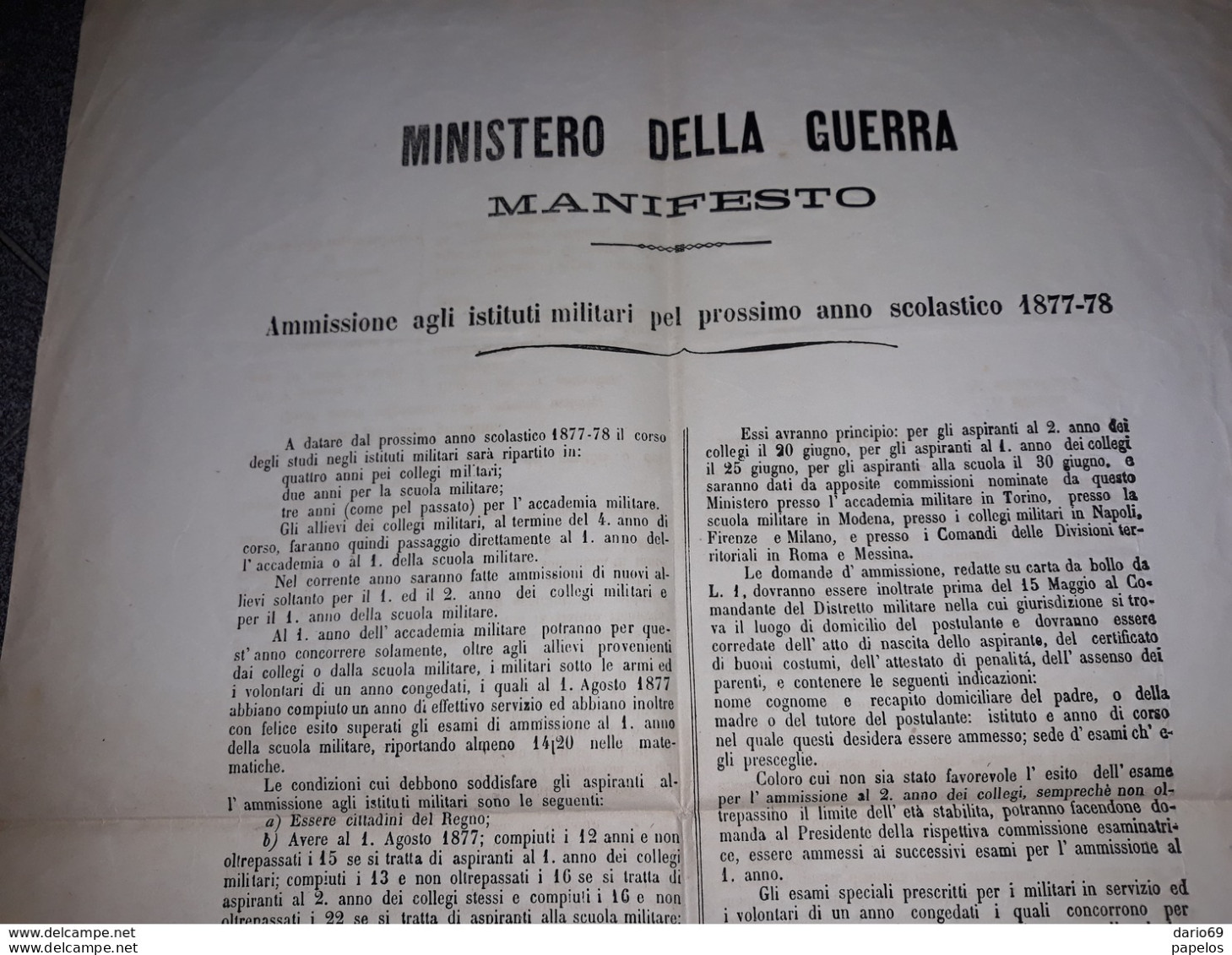1877  MANIFESTO  ROMA  MINISTERO DELLA GUERRA AMMISSIONI AGLI ISTITUTI MILITARI - Documenti Storici