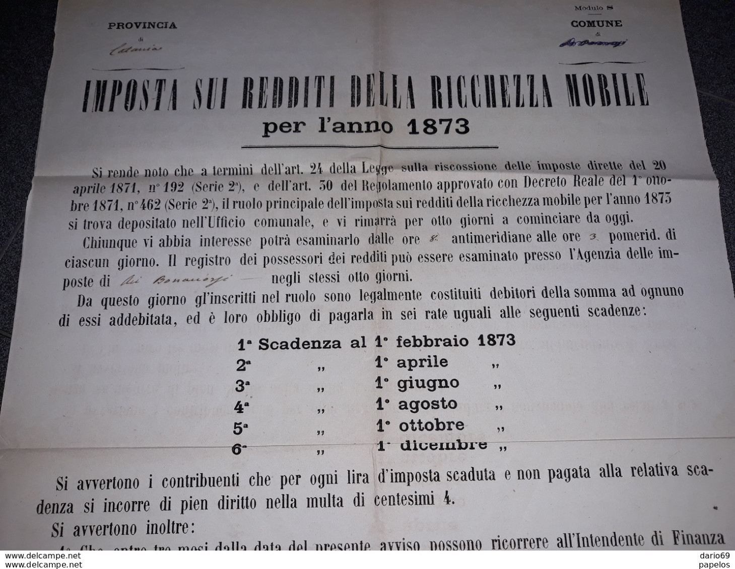 1873  MANIFESTO  IMPOSTA SUI REDDITI DELLA RICCHEZZA MOBILE - Historische Documenten