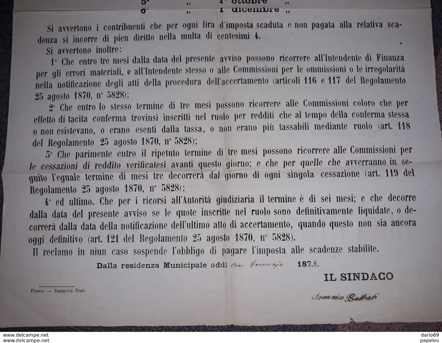 1873  MANIFESTO  IMPOSTA SUI REDDITI DELLA RICCHEZZA MOBILE - Historische Documenten
