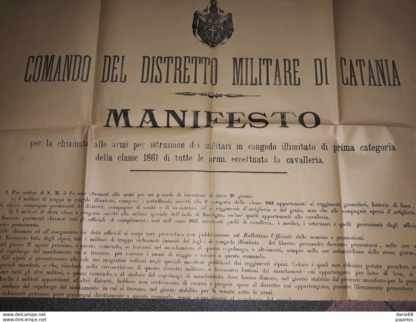 1887  MANIFESTO  CATANIA  COMANDO MILITARE CHIAMATA ALLE ARMI PER I MILITARI IN CONCEDO - Historische Dokumente