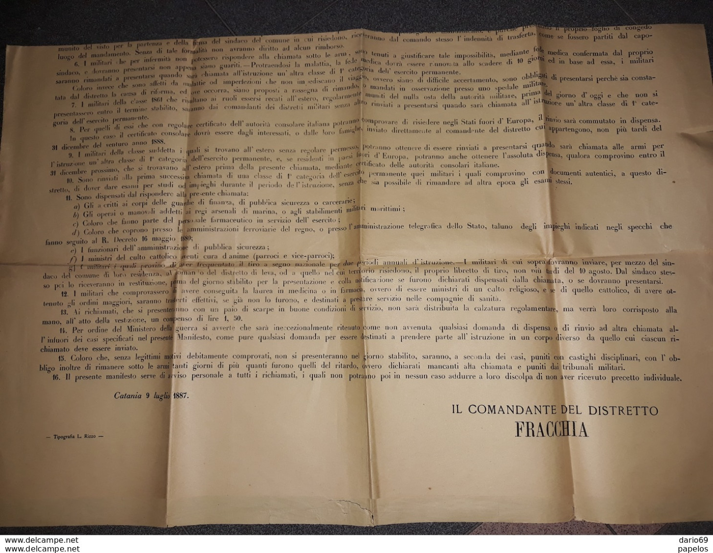 1887  MANIFESTO  CATANIA  COMANDO MILITARE CHIAMATA ALLE ARMI PER I MILITARI IN CONCEDO - Historische Dokumente
