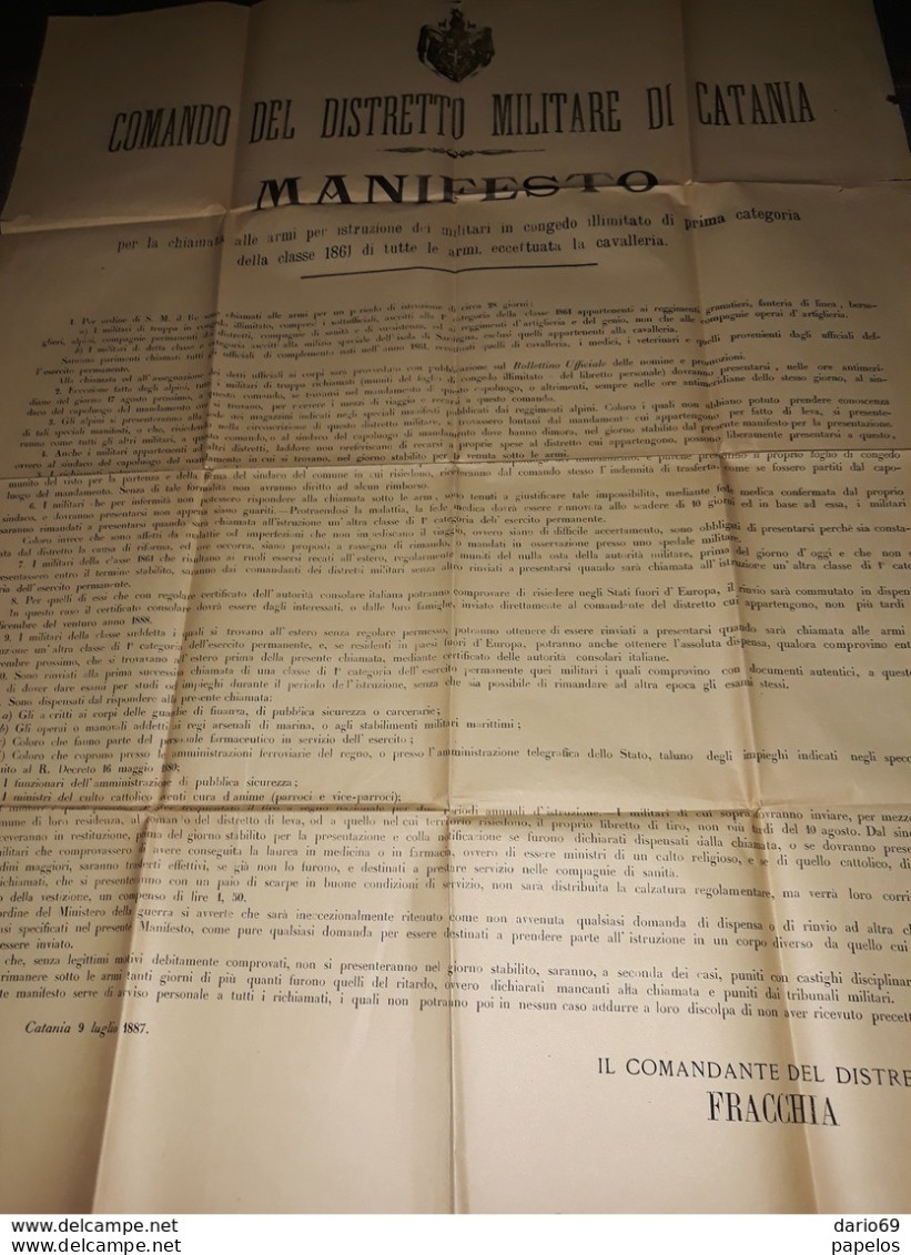 1887  MANIFESTO  CATANIA  COMANDO MILITARE CHIAMATA ALLE ARMI PER I MILITARI IN CONCEDO - Historische Documenten
