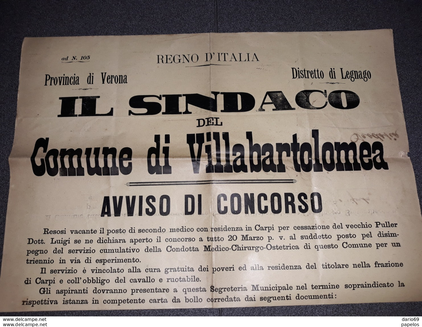 1902   MANIFESTO  CON ANNULLO VILLABARTOLOMEA VERONA  AVVISO DI CONCORSO - Marcophilie