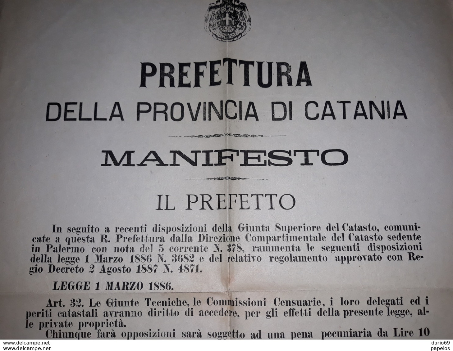 1890   MANIFESTO  CATANIA PREFETTURA  I PERITI CATASTALI  AVRANNO DIRITTO AD ACCEDERE ALLE  PRIVATE PROPRIETÀ - Documents Historiques
