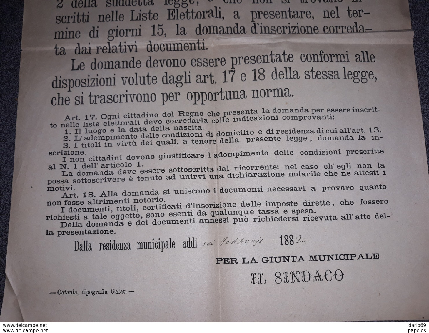 1882 MANIFESTO CATANIA ISCRIZIONE LISTE ELETTORALI - Historical Documents