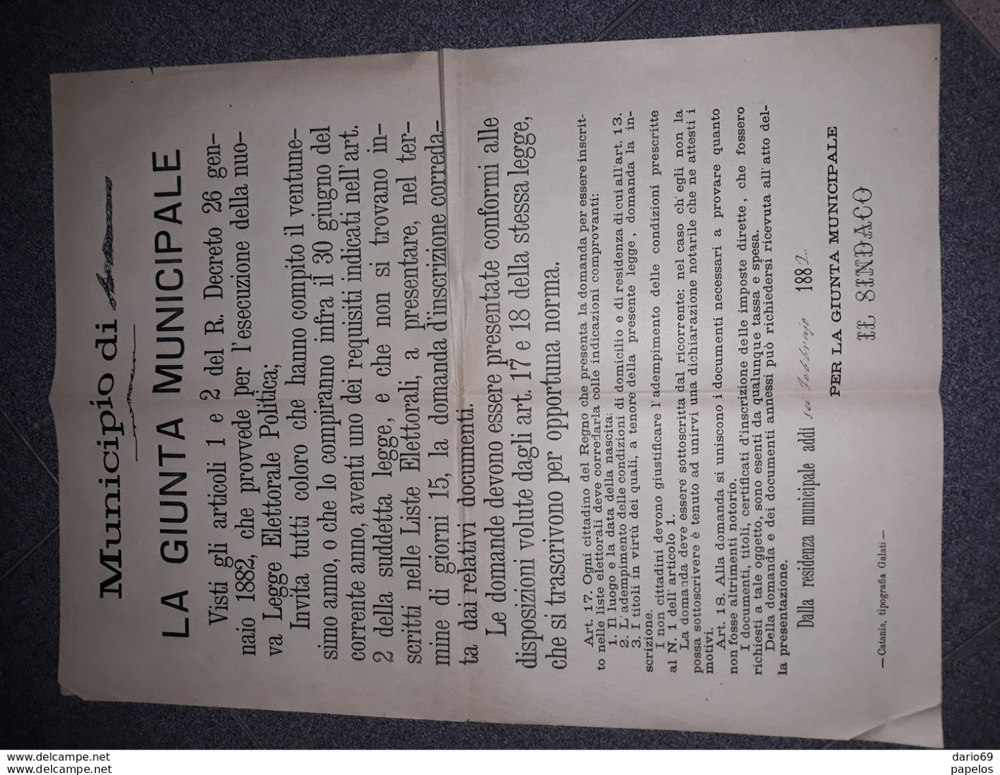 1882 MANIFESTO CATANIA ISCRIZIONE LISTE ELETTORALI - Historische Dokumente
