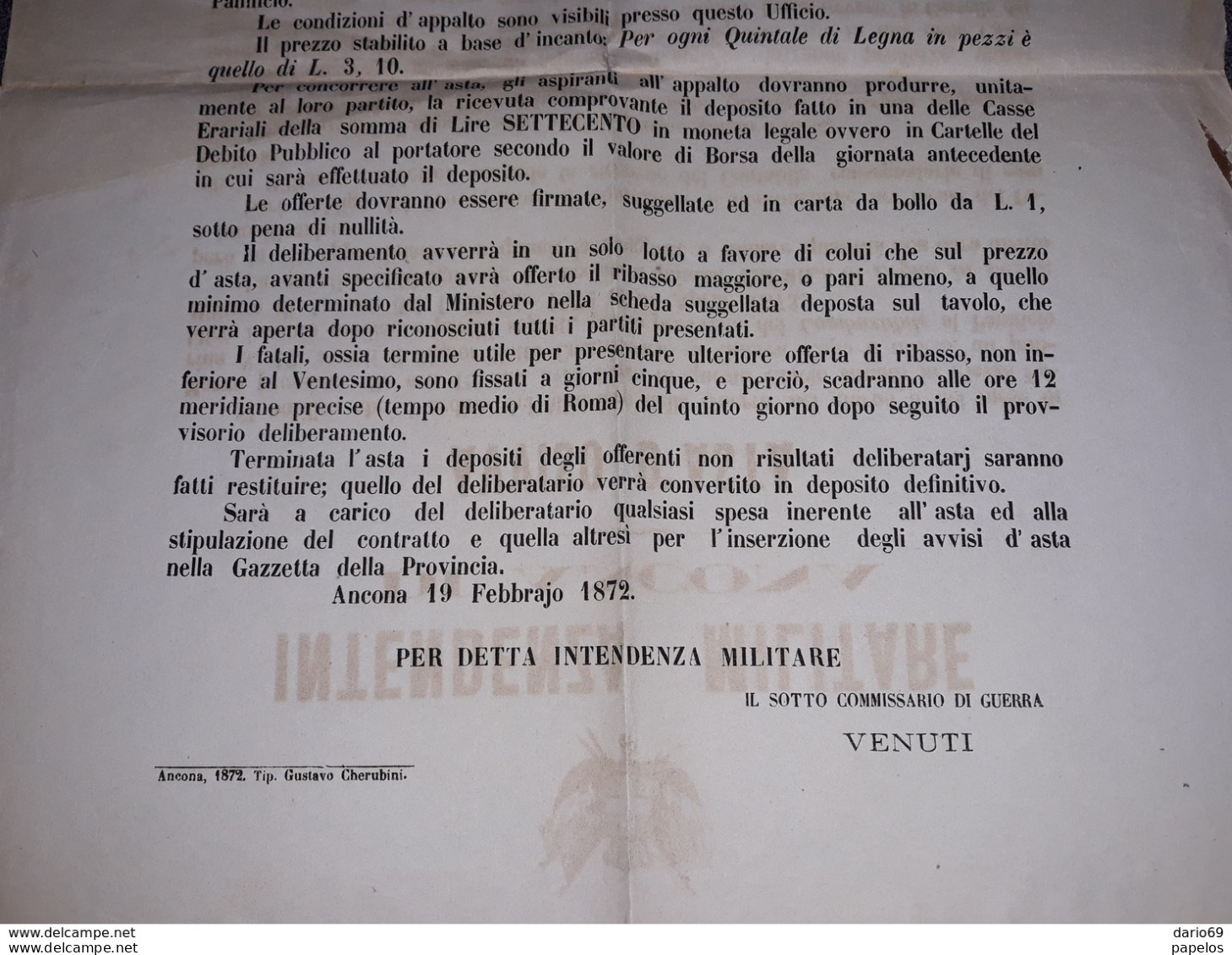1872  MANIFESTO  INTENDENZA MILITARE DI ANCONA  AVVISO D'ASTA  PER IL COMBUSTIBILE AL PANIFICIO MILITARE - Documents Historiques