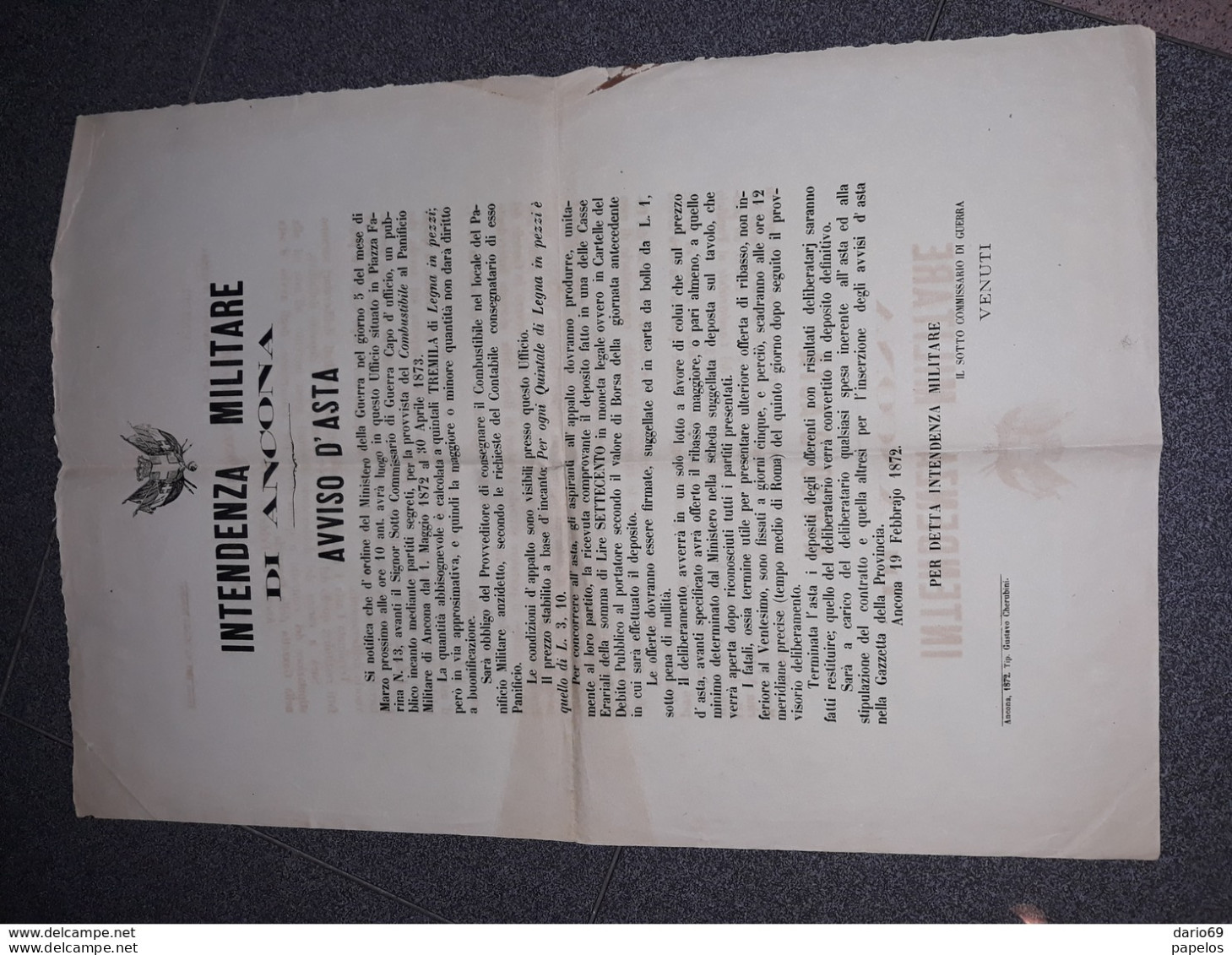 1872  MANIFESTO  INTENDENZA MILITARE DI ANCONA  AVVISO D'ASTA  PER IL COMBUSTIBILE AL PANIFICIO MILITARE - Documents Historiques