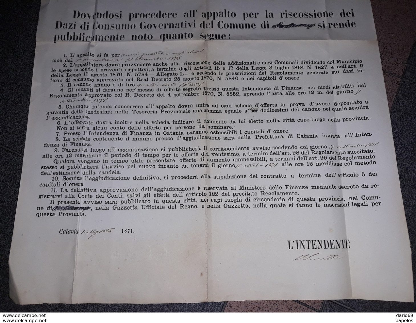 1871  MANIFESTO  CATANIA   INTENDENZA DI FINANZA - Documents Historiques
