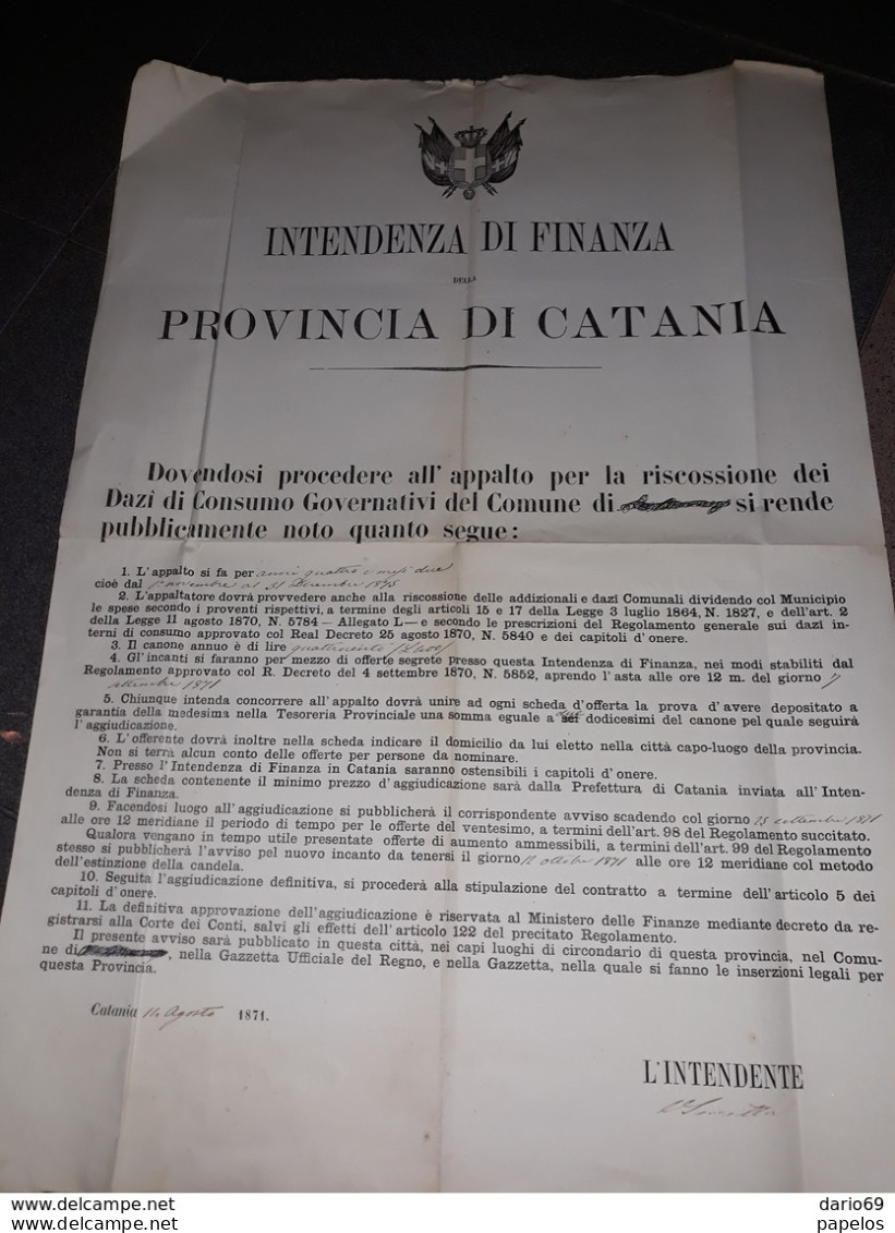 1871  MANIFESTO  CATANIA   INTENDENZA DI FINANZA - Historische Dokumente