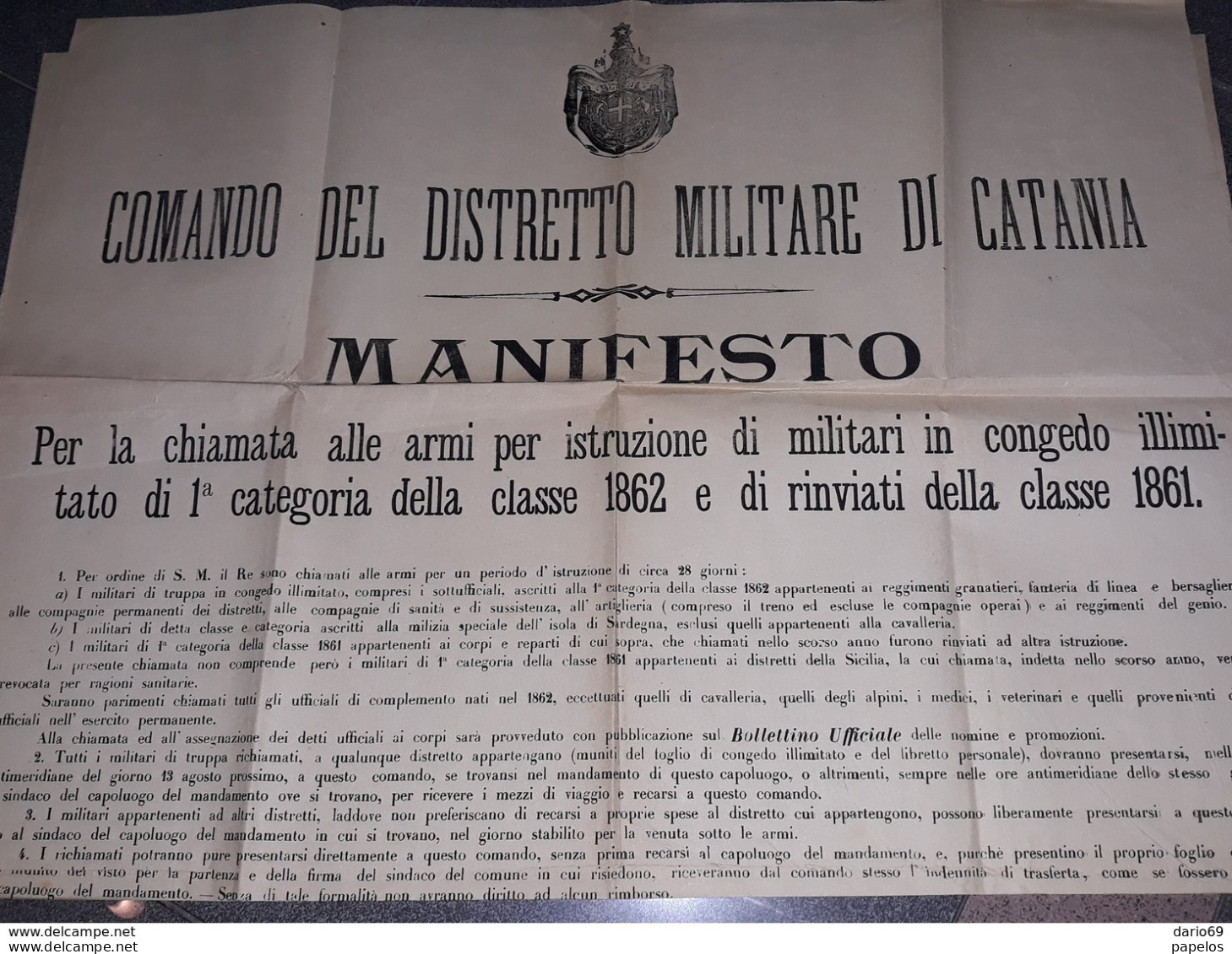 1888  MANIFESTO CATANIA COMANDO DISTRETTO MILITARE RICHIAMO ALLE ARMI - Historical Documents