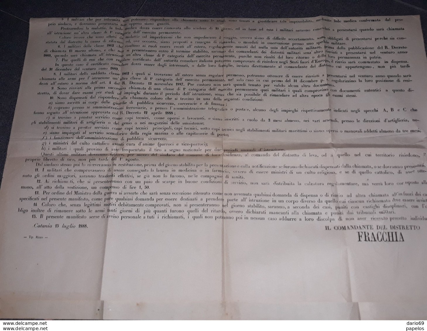 1888  MANIFESTO CATANIA COMANDO DISTRETTO MILITARE RICHIAMO ALLE ARMI - Historische Documenten