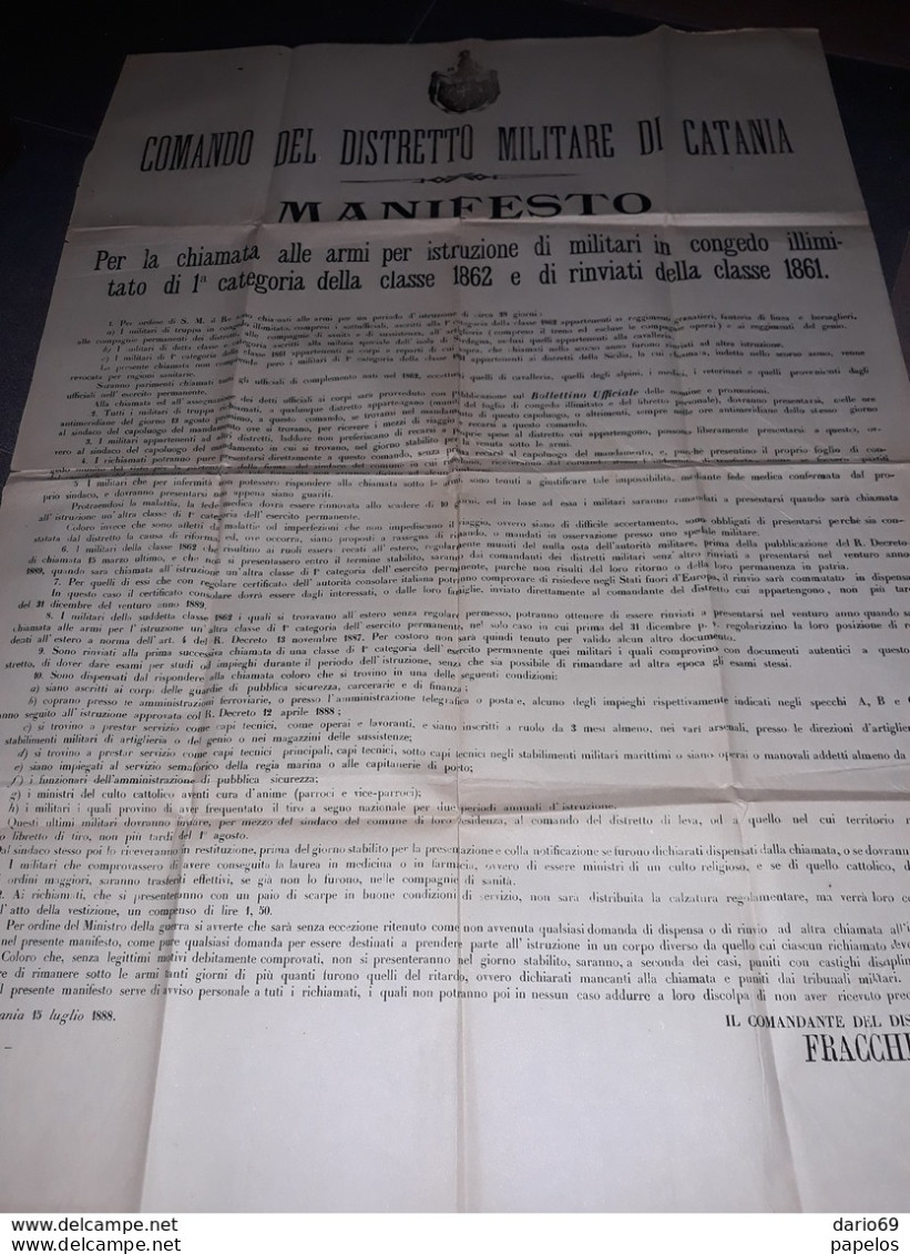 1888  MANIFESTO CATANIA COMANDO DISTRETTO MILITARE RICHIAMO ALLE ARMI - Historical Documents