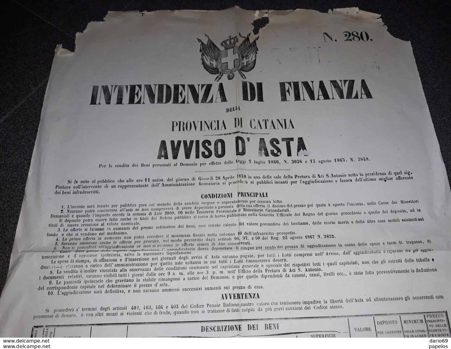 1870  MANIFESTO  CATANIA   AVVISO D'ASTA DEI BENI - Historical Documents