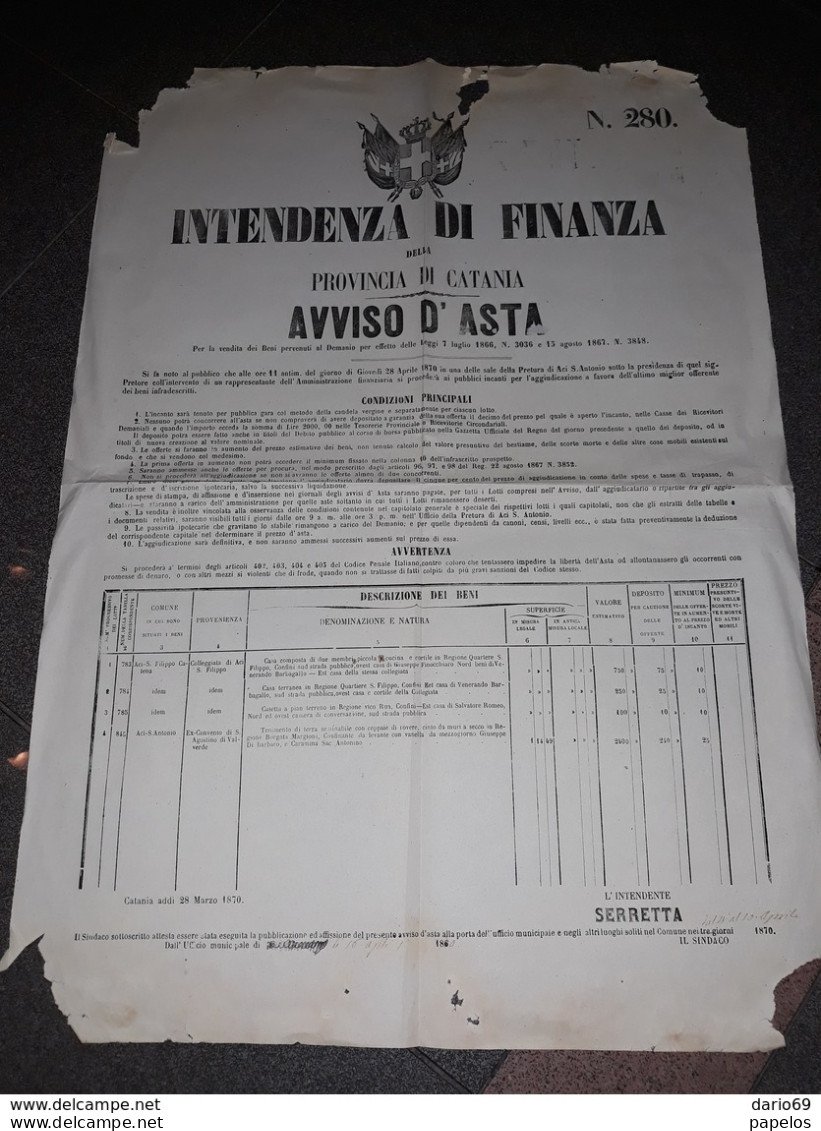 1870  MANIFESTO  CATANIA   AVVISO D'ASTA DEI BENI - Documents Historiques