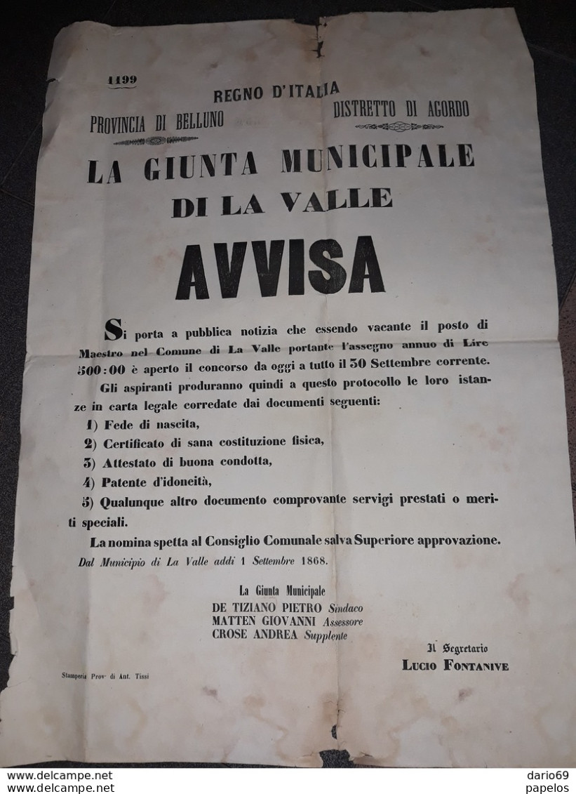 1868  MANIFESTO MUNICIPIO DI LA VALLE BOLZANO POSTO DI MAESTRO - Documents Historiques