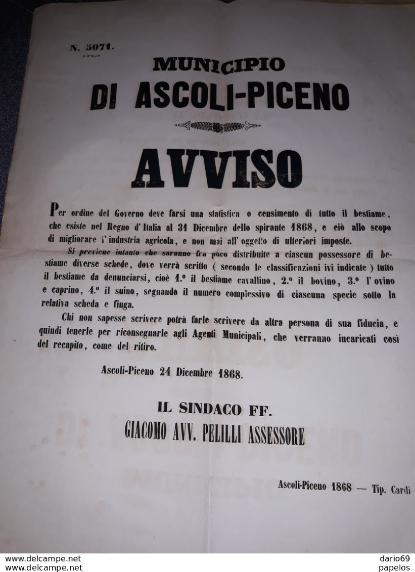 1868  MANIFESTO  ASCOLI PICENO  CENSIMENTO BESTIAME - Historische Documenten