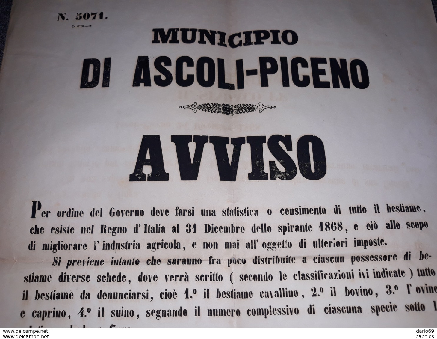 1868  MANIFESTO  ASCOLI PICENO  CENSIMENTO BESTIAME - Historical Documents
