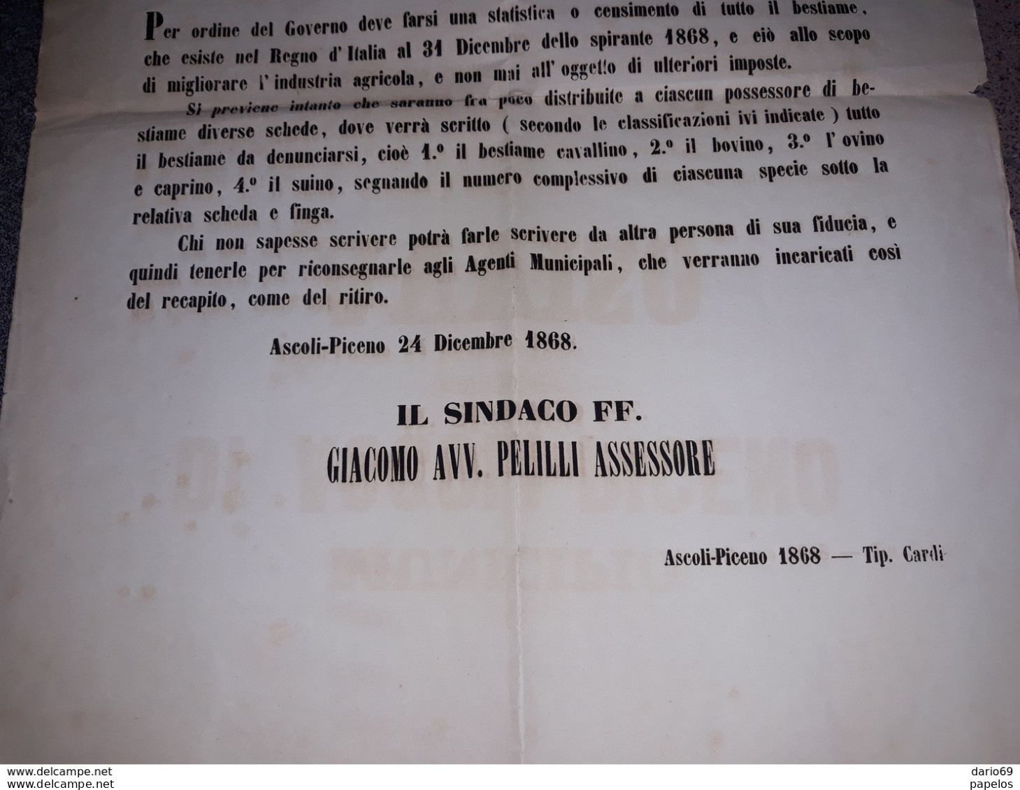1868  MANIFESTO  ASCOLI PICENO  CENSIMENTO BESTIAME - Historical Documents