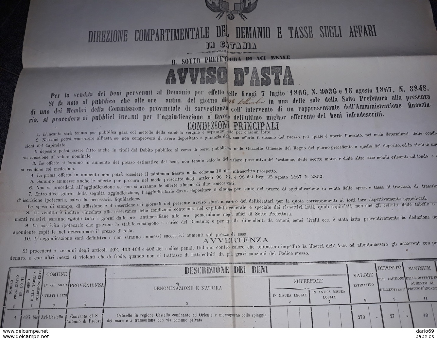 1868  MANIFESTO  ACI REALE VENDITA DI BENI DEMANIALI AVVISO D'ASTA - Documents Historiques