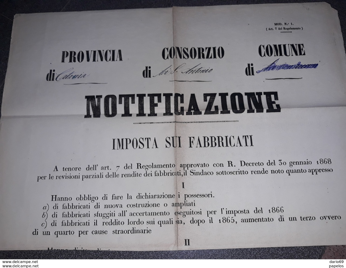 1868  MANIFESTO  NOTIFICAZIONE IMPOSTA SUI FABBRICATI - Historische Documenten