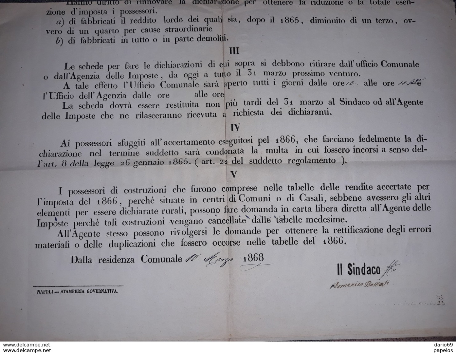 1868  MANIFESTO  NOTIFICAZIONE IMPOSTA SUI FABBRICATI - Historische Documenten