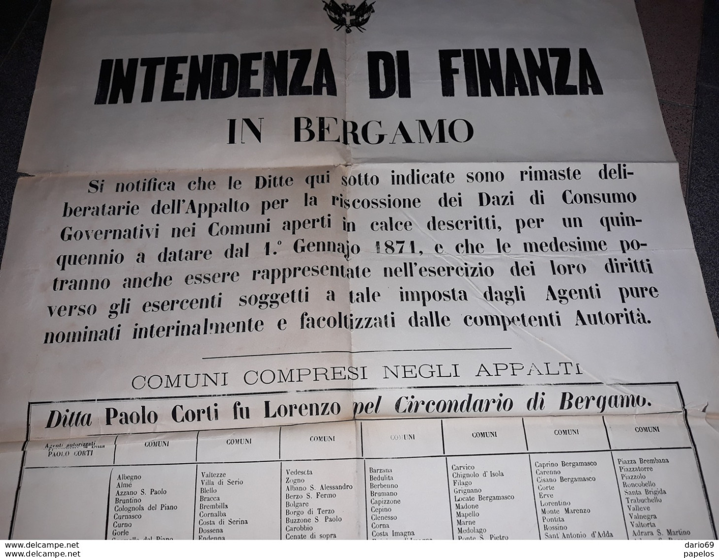 1870  MANIFESTO  BERGAMO  INTENDENZA DI FINANZA - Documents Historiques