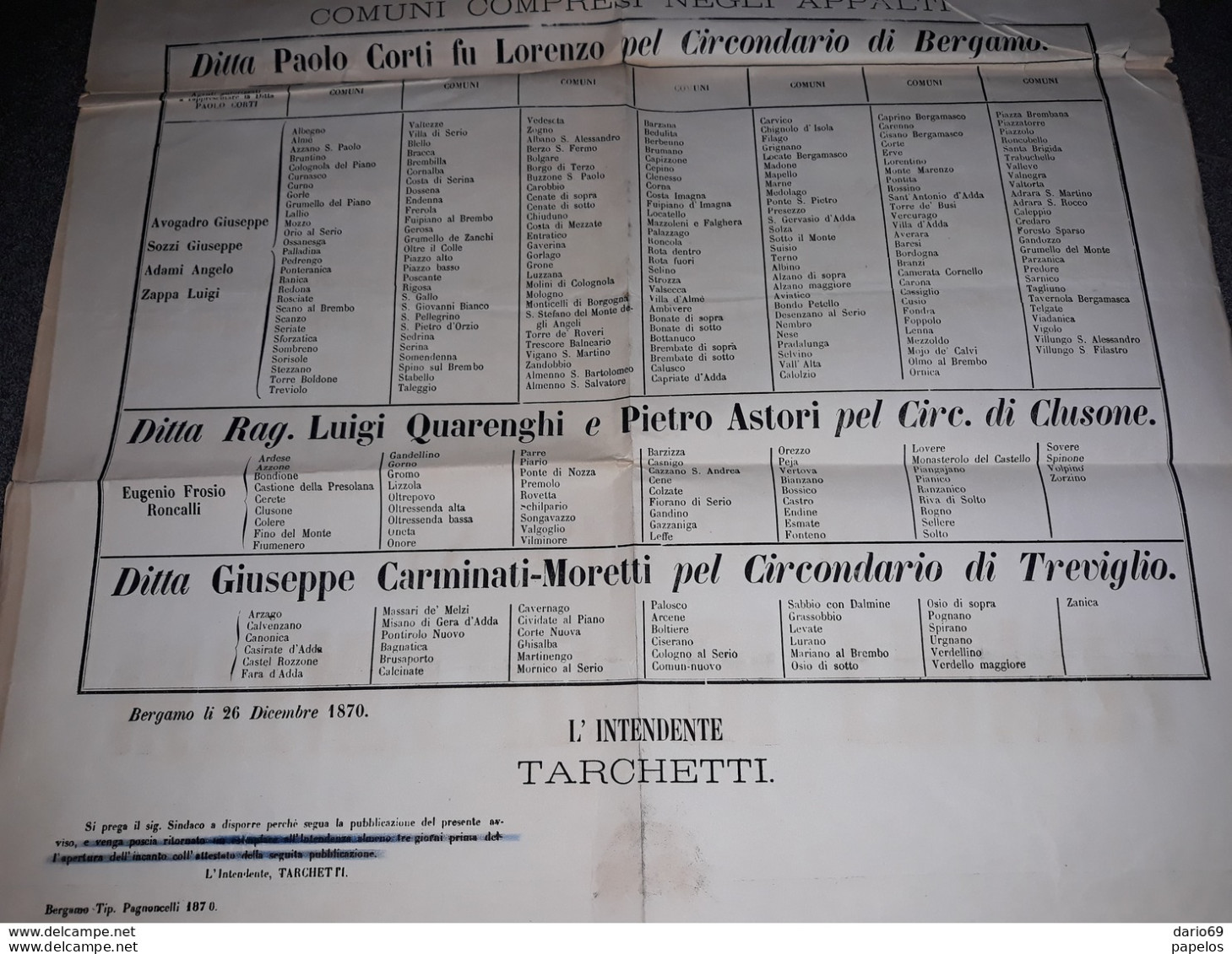 1870  MANIFESTO  BERGAMO  INTENDENZA DI FINANZA - Historische Dokumente