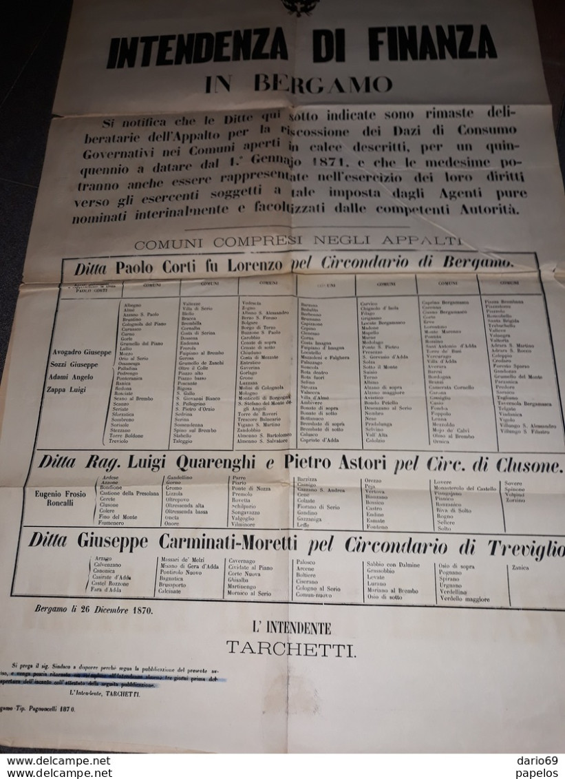 1870  MANIFESTO  BERGAMO  INTENDENZA DI FINANZA - Historische Dokumente