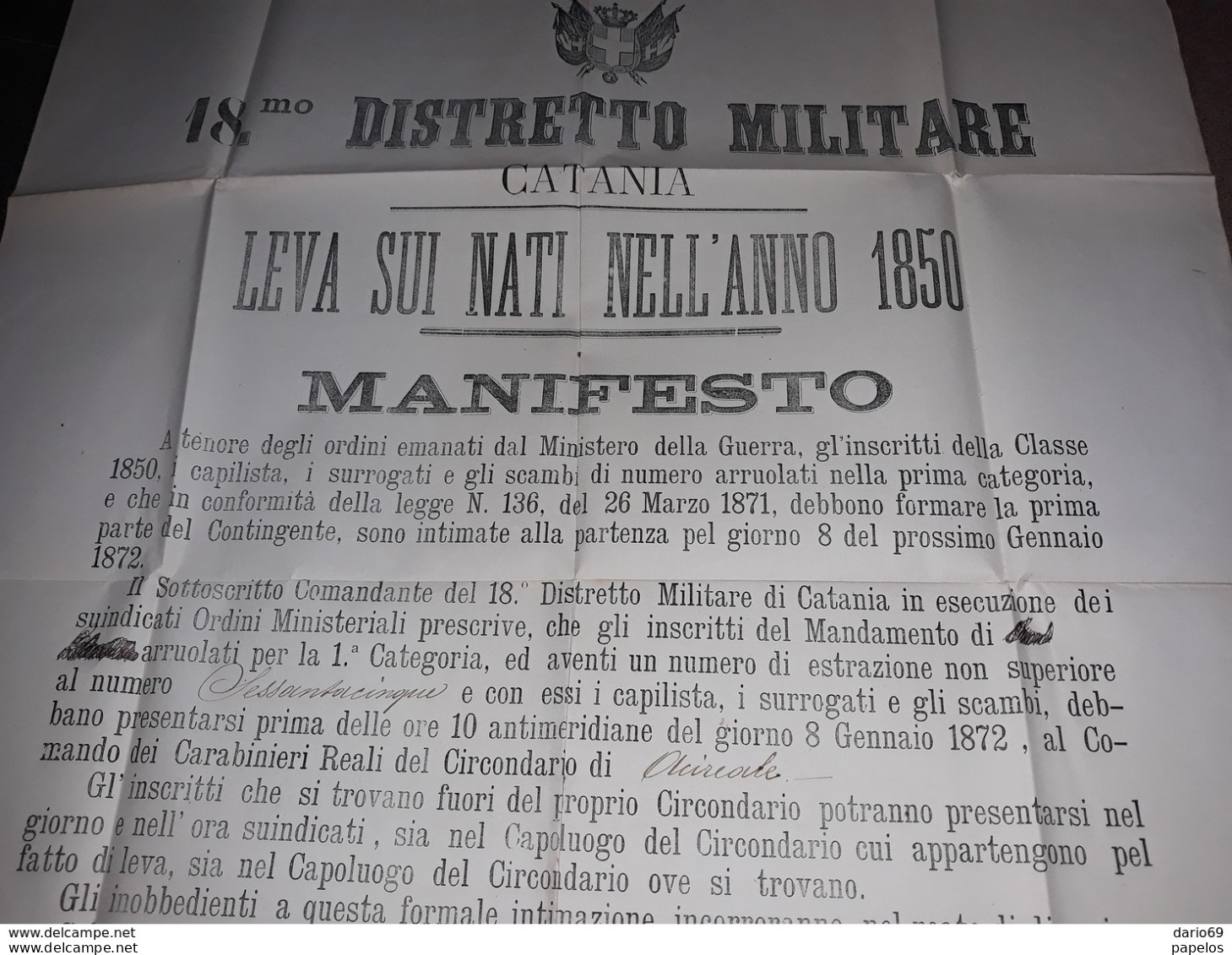 1871 MANIFESTO CATANIA  18°  DISTRETTO MILITARE - Historische Dokumente
