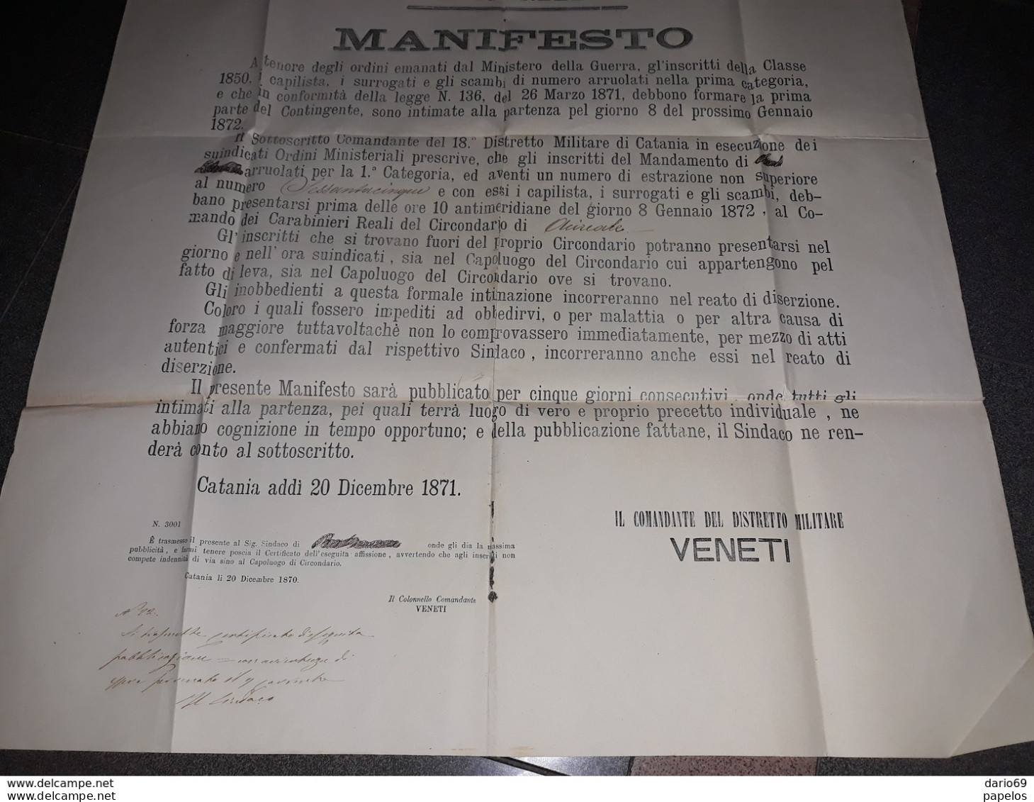 1871 MANIFESTO CATANIA  18°  DISTRETTO MILITARE - Historische Documenten