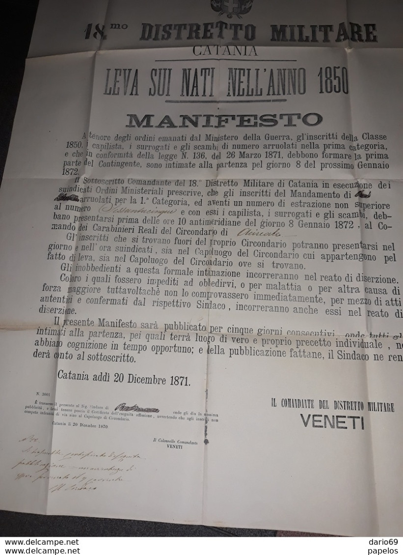 1871 MANIFESTO CATANIA  18°  DISTRETTO MILITARE - Historical Documents
