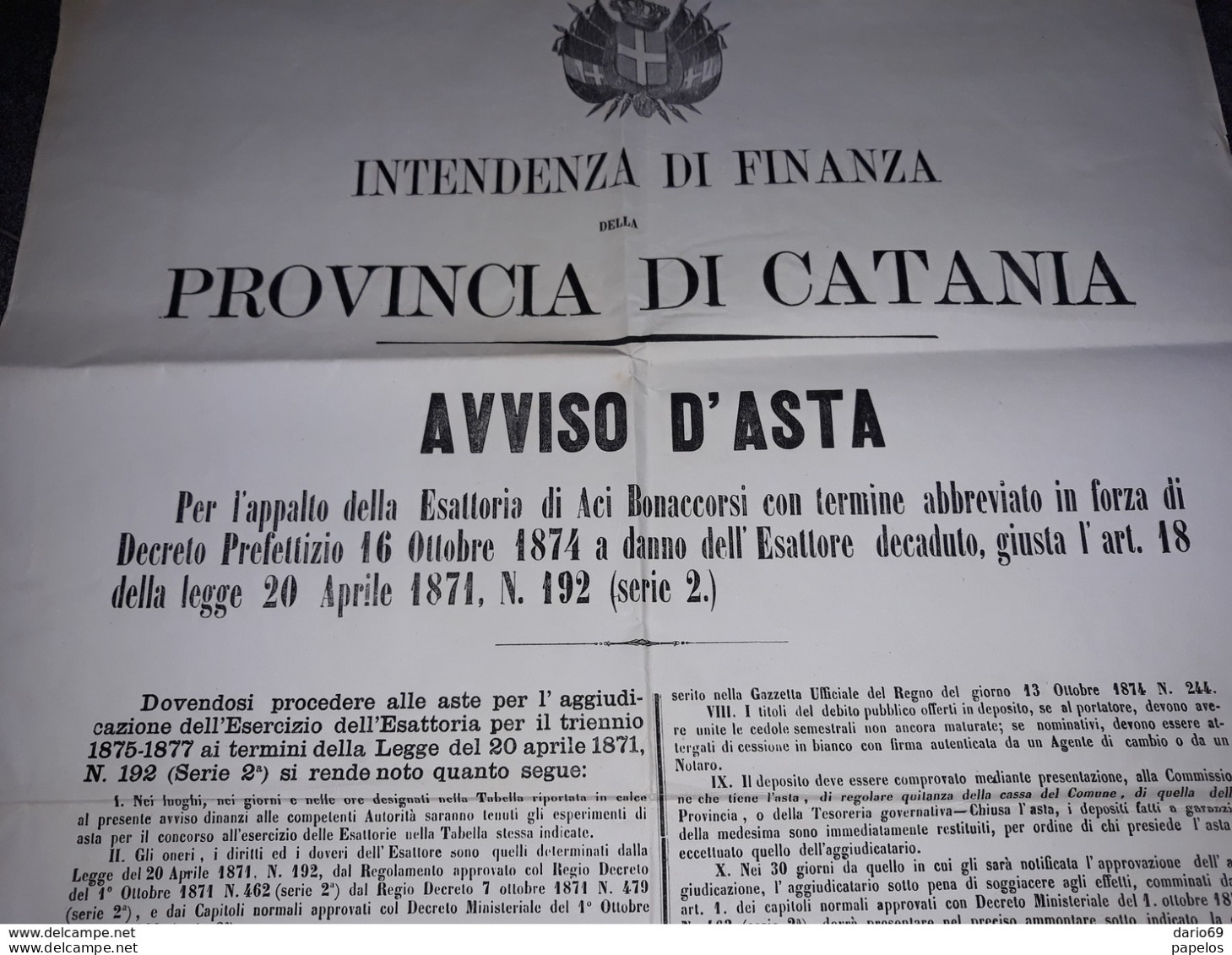 1874 MANIFESTO CATANIA AVVISO D'ASTA - Historical Documents