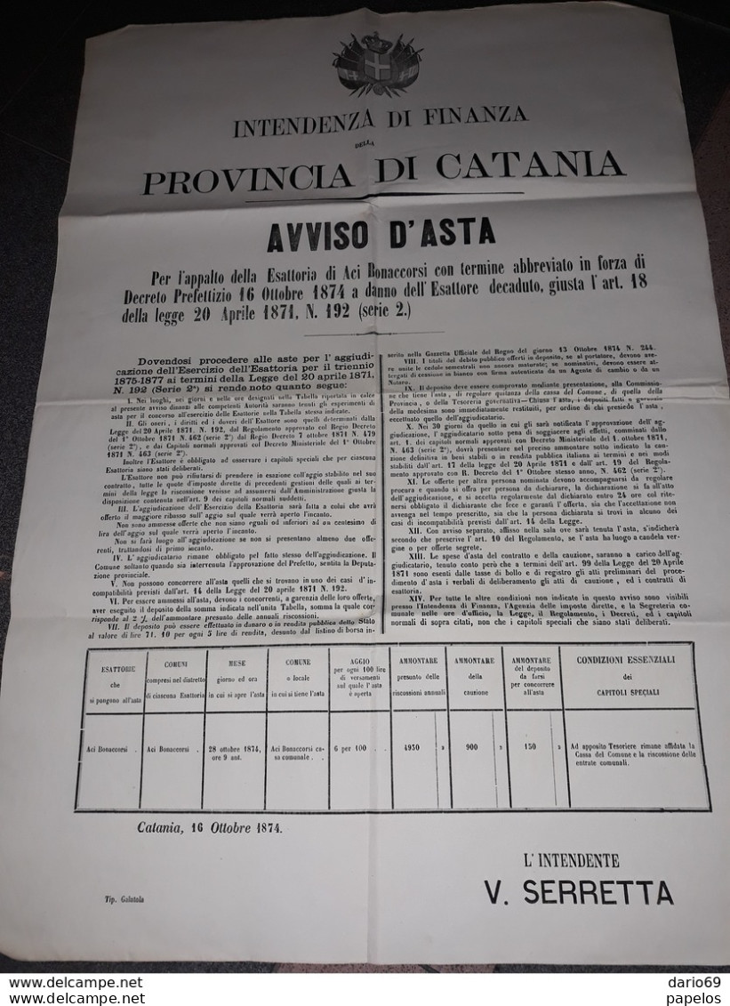 1874 MANIFESTO CATANIA AVVISO D'ASTA - Historische Dokumente