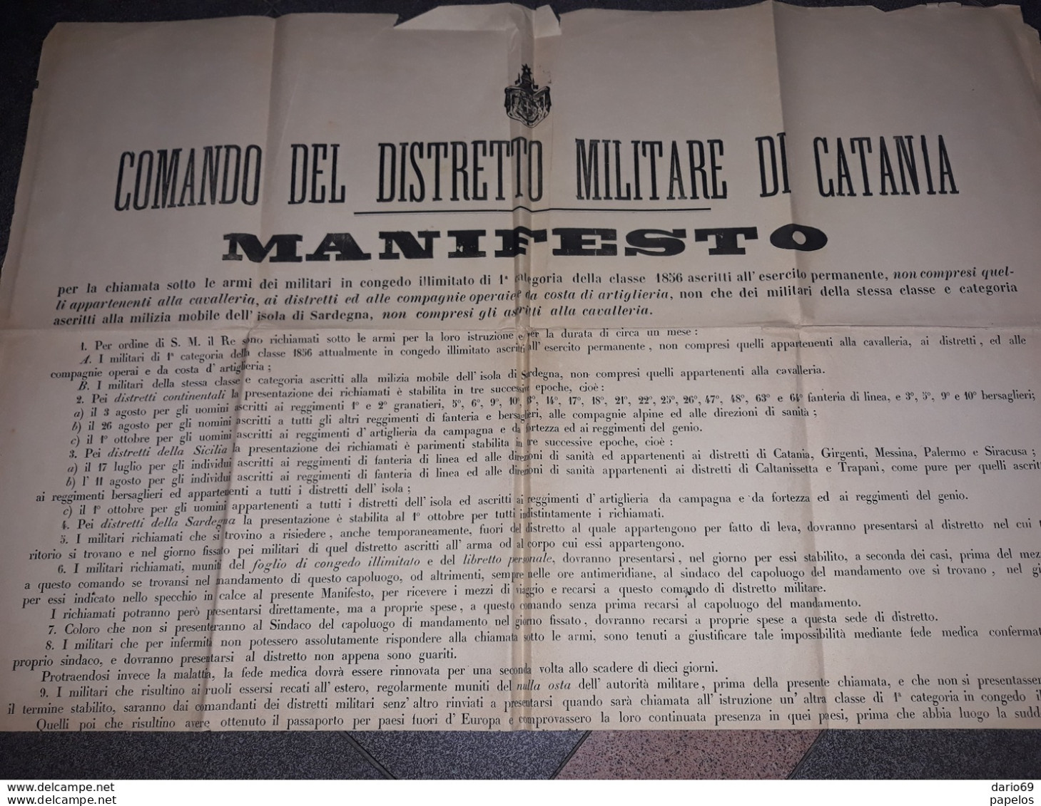 1882 MANIFESTO CATANIA  COMANDO DISTRETTO MILITARE CHIAMATA SOTTO LE  ARMI PER I MILITARI IN CONCEDO - Historische Dokumente