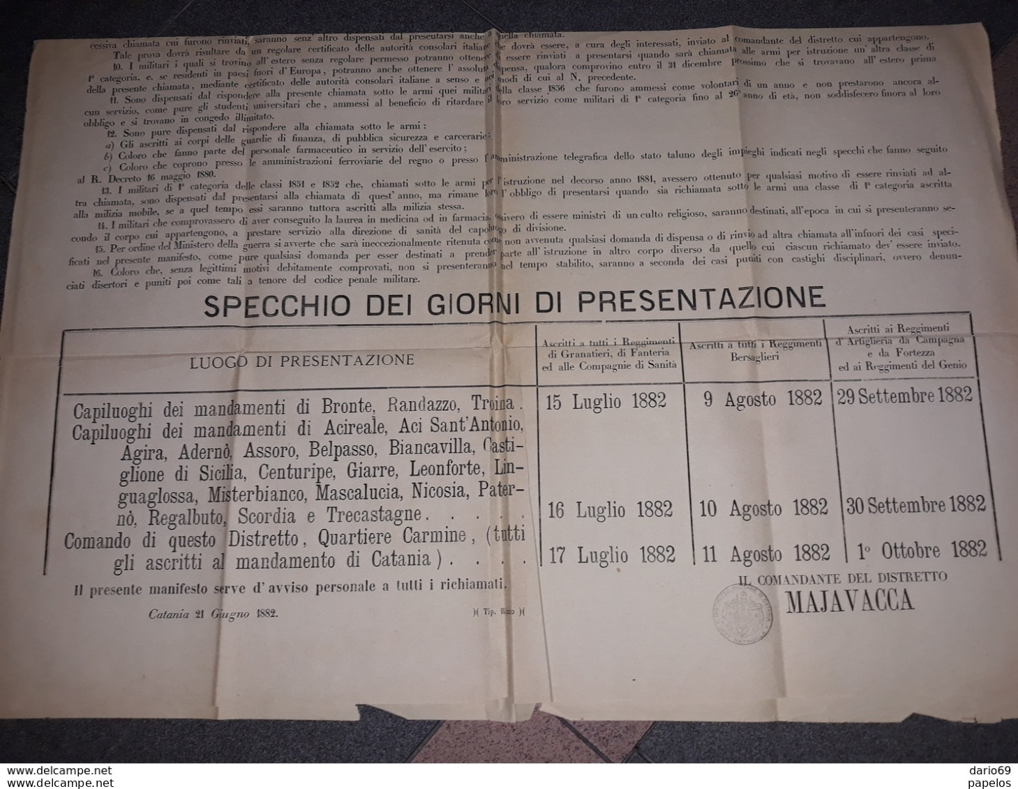 1882 MANIFESTO CATANIA  COMANDO DISTRETTO MILITARE CHIAMATA SOTTO LE  ARMI PER I MILITARI IN CONCEDO - Historical Documents