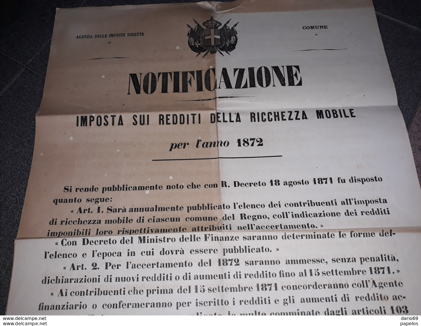 1871 Manifesto Imposte Sui Redditi Della Ricchezza Mobile - Historical Documents