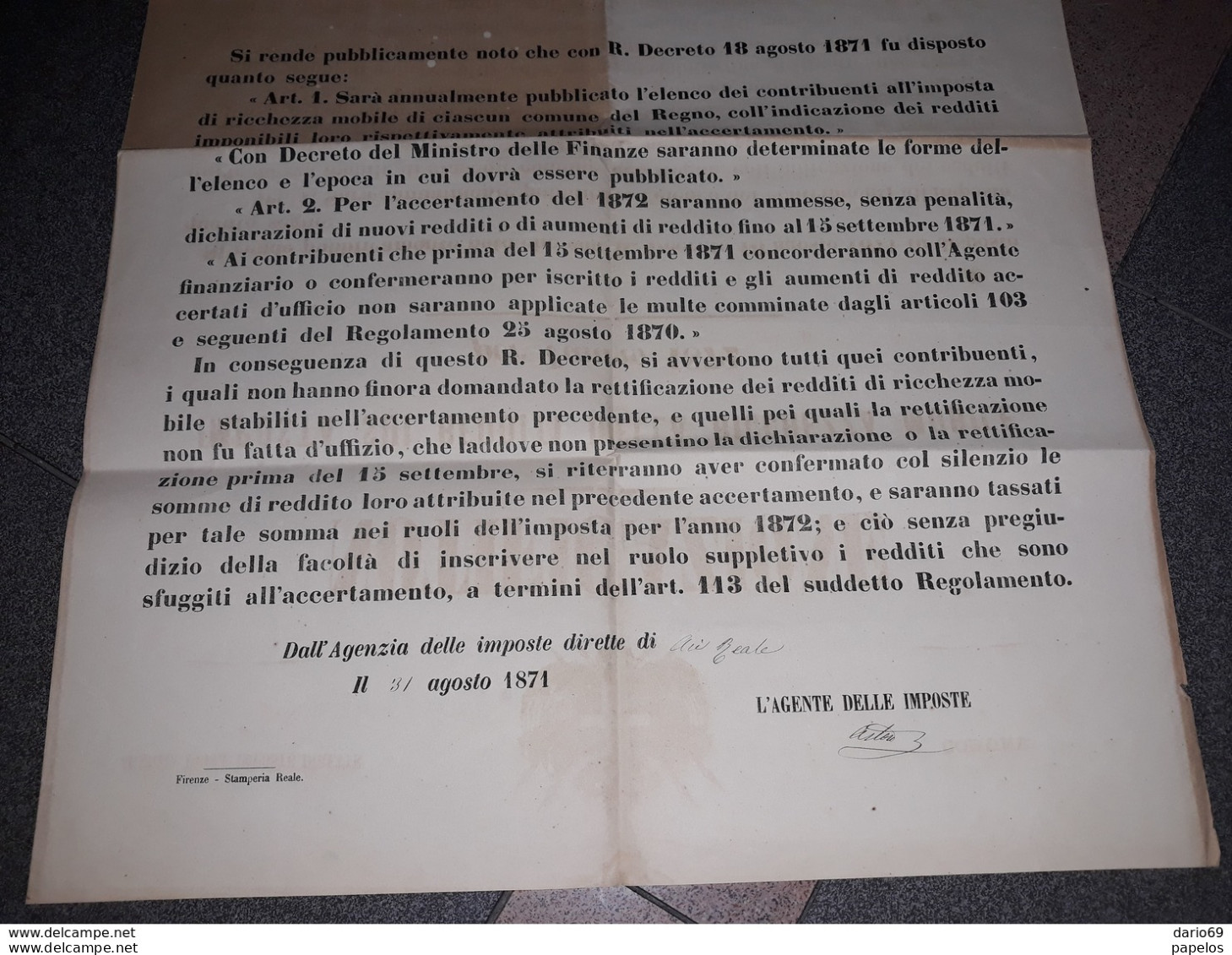 1871 Manifesto Imposte Sui Redditi Della Ricchezza Mobile - Historische Documenten