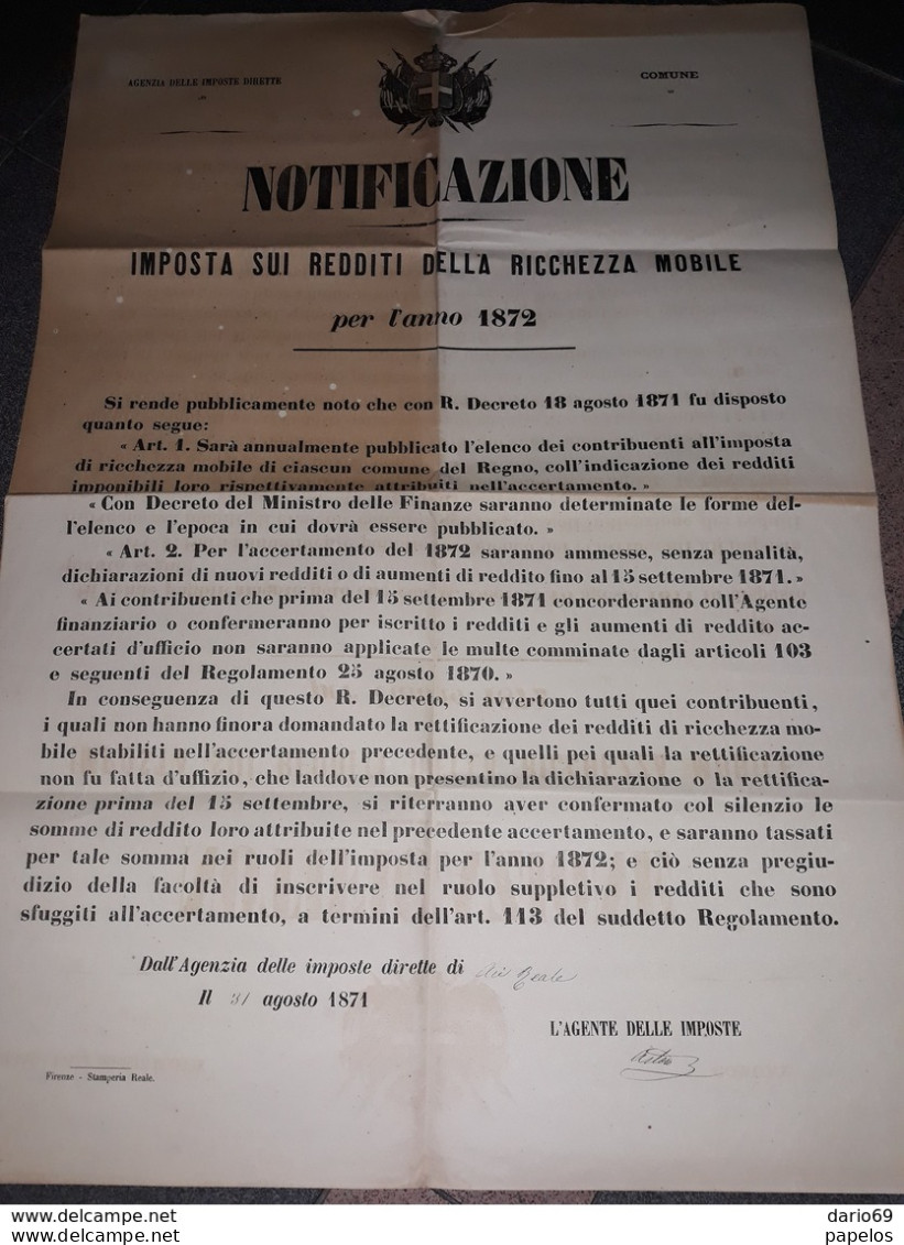 1871 Manifesto Imposte Sui Redditi Della Ricchezza Mobile - Historical Documents
