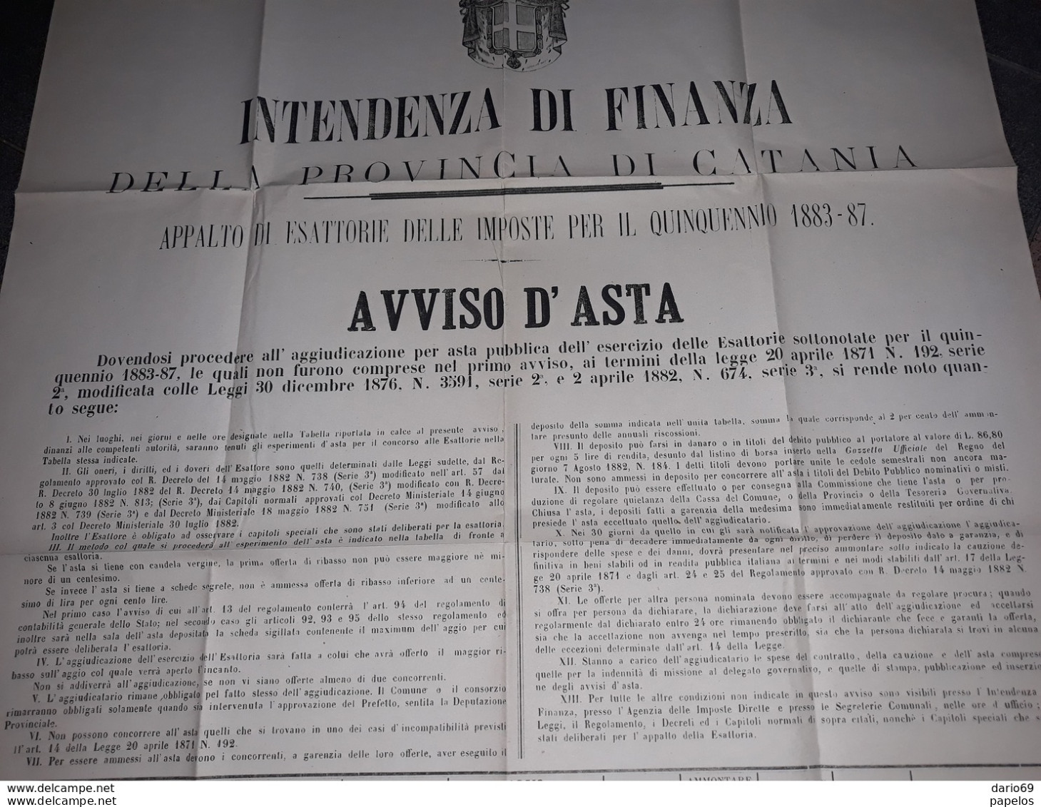 1882 MANIFESTO CATANIA  AVVISO D'ASTA - Historical Documents
