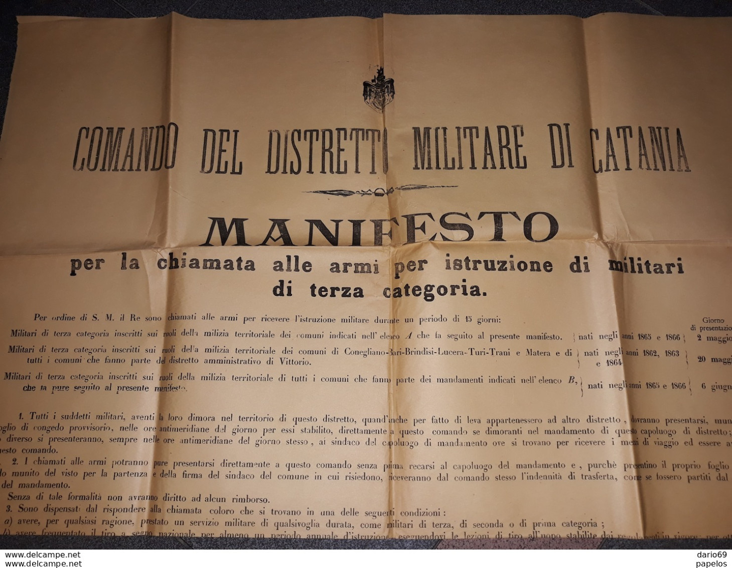 1887 CATANIA COMANDO DEL DISTRETTO MILITARE PER LA CHIAMATA ALLE ARMI - Documents Historiques