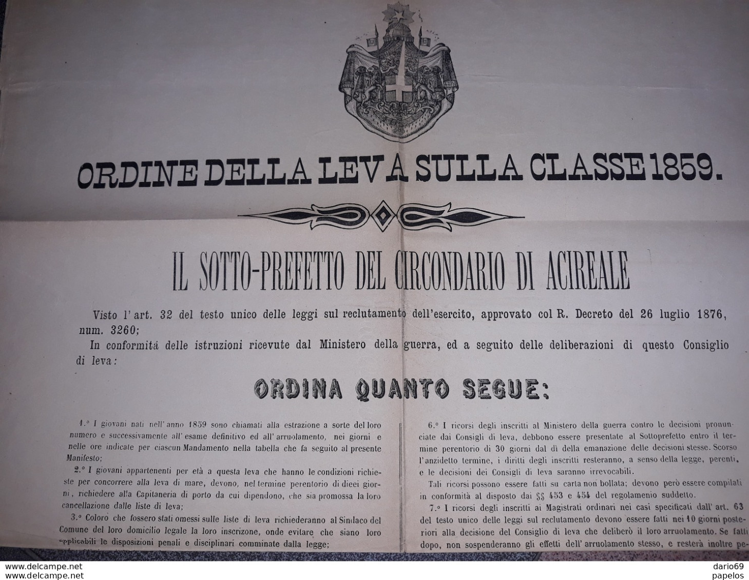 1879 MANIFESTO ACIREALE ORDINE DELLA LEVA SULLA CLASSE 1859 - Documents Historiques