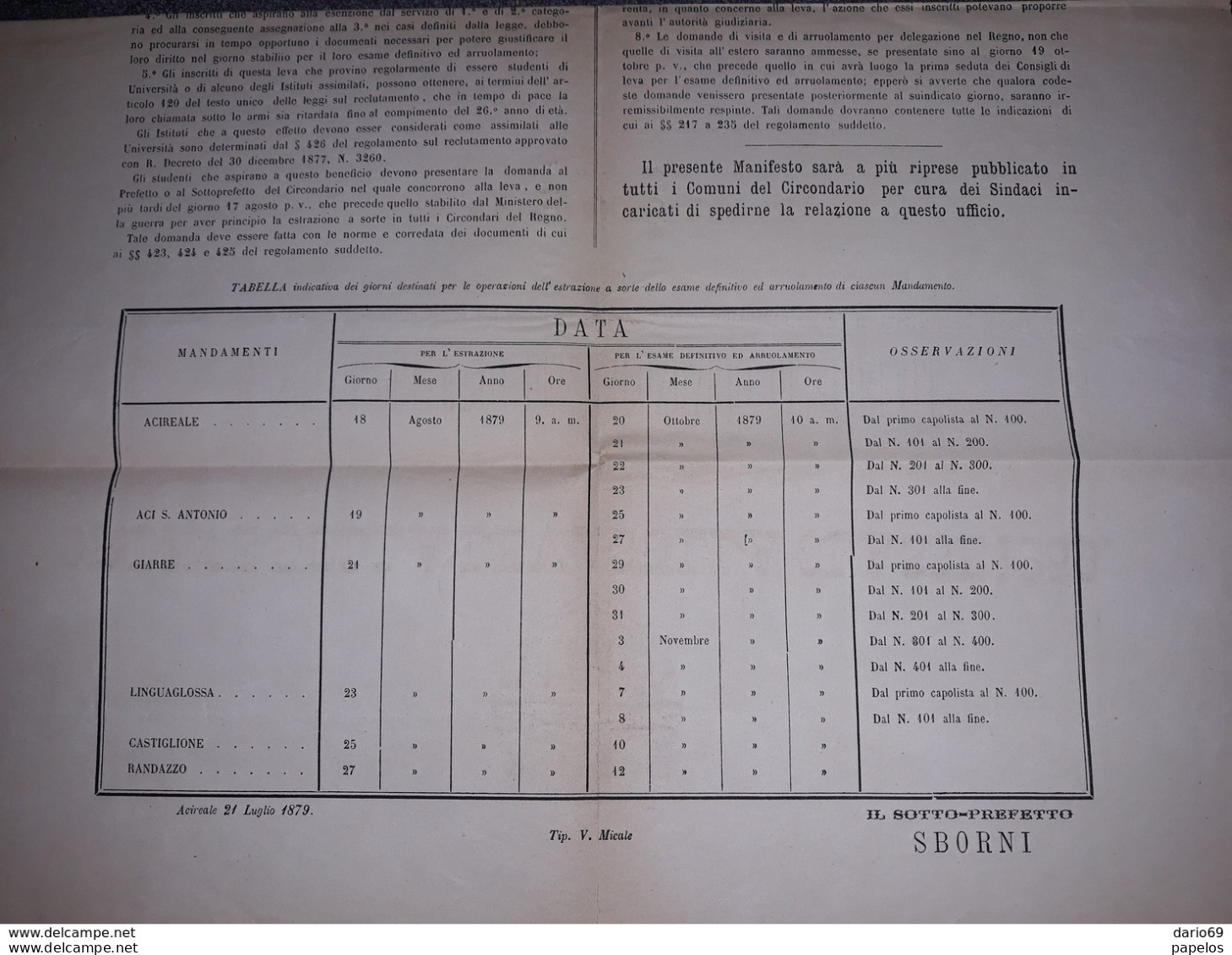 1879 MANIFESTO ACIREALE ORDINE DELLA LEVA SULLA CLASSE 1859 - Historische Documenten