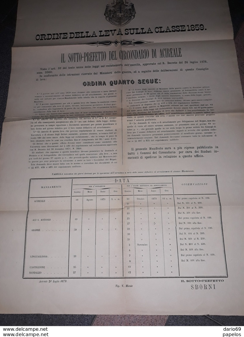 1879 MANIFESTO ACIREALE ORDINE DELLA LEVA SULLA CLASSE 1859 - Historical Documents