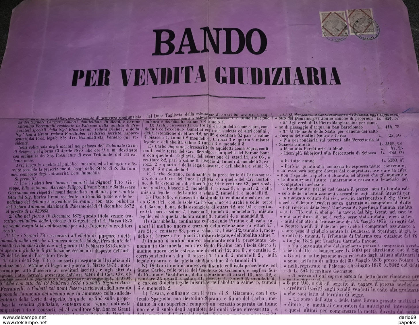 1877 MANIFESTO SCIACCA  AGRIGENTO  BANDO PER VENDITA GIUDIZIARIA  CON MARCHE DA BOLLO - Historische Documenten